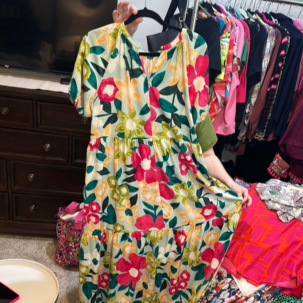 TCEC Pink and Yellow V-Neck Sundress Casual Maxi